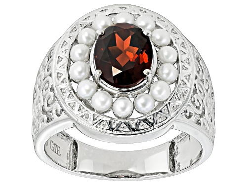 1.84ct Oval Vermelho Garnet™ With Cultured Freshwater Pearl Rhodium Over Sterling Silver Men's Ring - Size 12