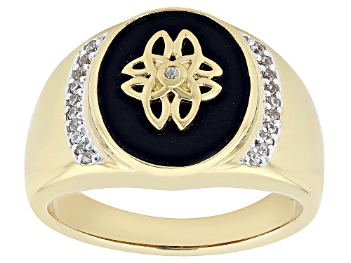 14x12mm Black Onyx Inlay with .18ctw Round White Zircon 18k Yellow Gold Over Silver Men's Ring - Size 12