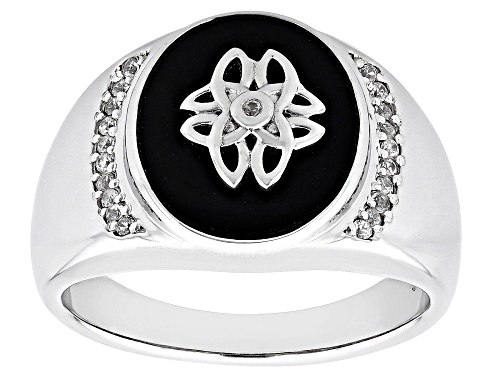 Photo of 14x12mm Oval Black Onyx Inlay With .18ctw Round White Zircon Rhodium Over Sterling Silver Men's Ring - Size 13