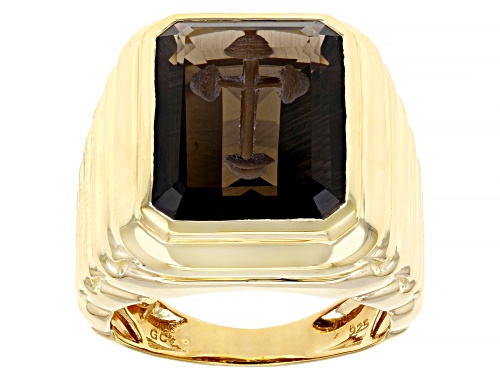 Photo of 10.35ct Smoky Quartz 18k Yellow Gold Over Sterling Silver Men's Ring - Size 11