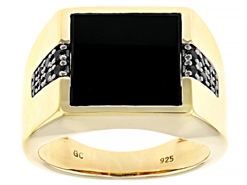 12mm Black Onyx Inlay With 0.23ctw Black Spinel 18k Yellow Gold Over Silver Men's Signet Ring - Size 11