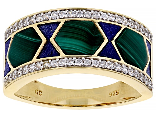 Malachite With Lapis Lazuli Inlay & .47ctw White Zircon 18k Yellow Gold Over Silver Men's Ring - Size 11