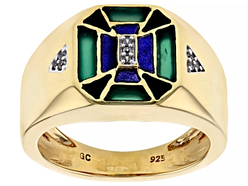 Green Onyx, Lapis & Black Onyx Inlay with .06ctw White Zircon 18k Yellow Gold Over Silver Men's Ring - Size 9