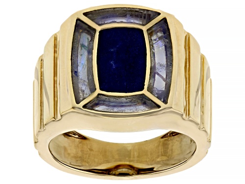 10x6mm Lapis Lazuli with Rainbow Moonstone Inlay 18k Yellow Gold Over Sterling Silver Men's Ring - Size 11