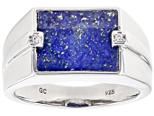 12x10mm Lapis Lazuli Inlay with .02tw White Zircon Rhodium Over Sterling Silver Men's Ring - Size 12