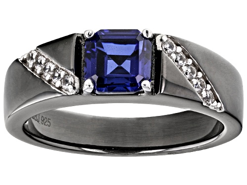 1.36ct Lab Blue Sapphire with 0.19ctw White Zircon, Black Rhodium Over Sterling Silver Men's Ring - Size 9