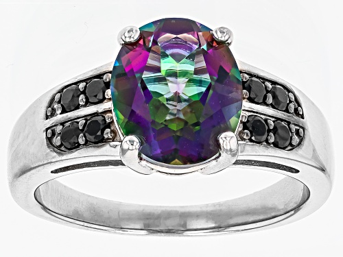 Photo of 3.16ctw Oval Multi-Color Quartz with Round Black Spinel Rhodium Over Sterling Silver Men's Ring - Size 12