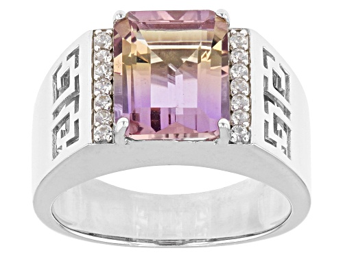 3.40ct Rectangular Octagonal Ametrine With .11ctw White Zircon Rhodium Over Silver Men's Ring - Size 12