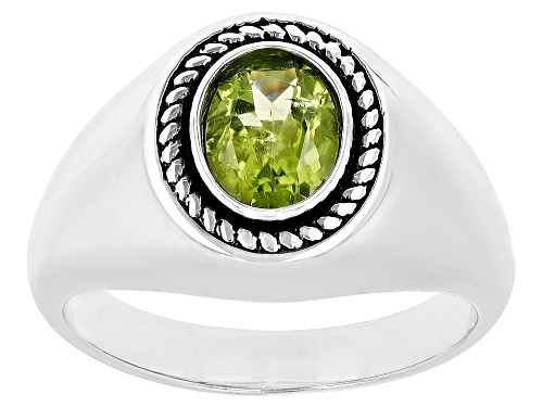 1.15ct Oval Manchurian Peridot™ Rhodium Over Sterling Silver Men's Solitaire Ring - Size 10