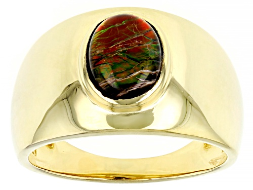 Photo of 9x7mm Oval Ammolite Triplet 18k Yellow Gold Over Sterling Silver Men's Solitaire Ring - Size 11