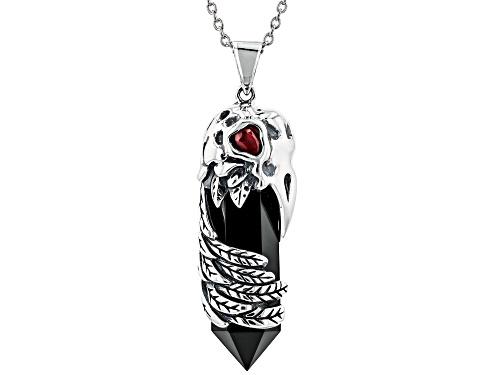 28x9mm Black Onyx With 0.37ctw Vermelho Garnet™ Sterling Silver Raven Pendant With Chain