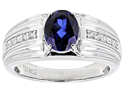 2.09ct Oval Blue Lab Sapphire with 0.09ctw White Zircon Rhodium Over Sterling Silver Men's Ring - Size 10