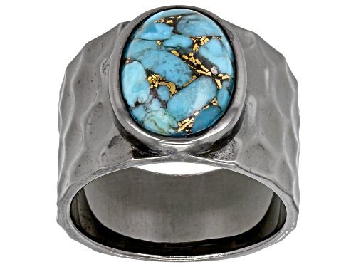 14x10mm Oval Mohave Composite Turquoise, Hammered Black Rhodium Over Sterling Silver Men's Ring - Size 9