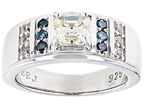 1.89ctw Strontium Titanate, Blue Diamond & White Zircon Rhodium Over Sterling Silver Men's Ring - Size 10