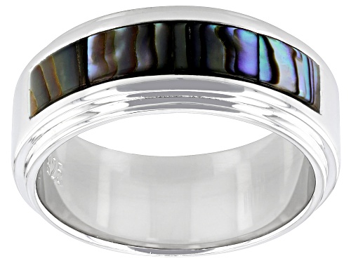 6x4mm Baguette Abalone Shell Rhodium Over Sterling Silver Men's Band Ring - Size 11
