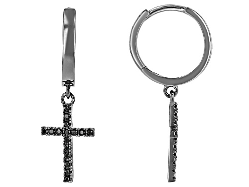 0.08ctw Round Black Spinel, Black Rhodium Over Sterling Silver Cross Dangle Men's Earrings