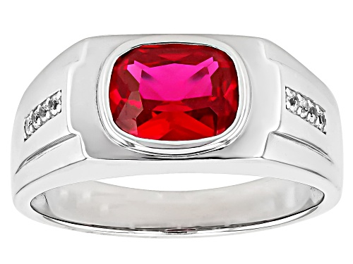 3.60ctw Lab Created Ruby With 0.14ctw Lab White Sapphire Rhodium Over Sterling Silver Men's Ring - Size 10