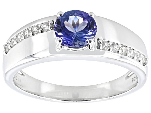 0.23ct Tanzanite With 0.85ctw White Zircon Rhodium Over Sterling Silver Men's Band Ring - Size 10