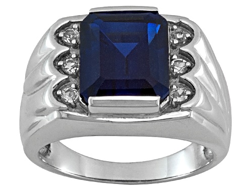 5.50ct Lab Created Blue Sapphire With .90ctw White Topaz Rhodium Over Sterling Silver Men's Ring - Size 13