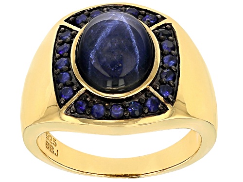 Photo of 6.00ct blue star sapphire and blue sapphire 18k yellow gold over sterling silver gent's ring - Size 10