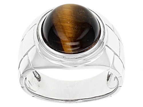 Round Cabochon Tigers Eye Men's Rhodium Over Sterling Silver Ring - Size 12