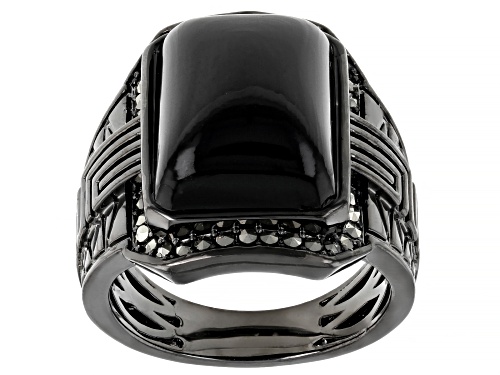 16x12mm Octagonal Black Onyx With Round Marcasite Black Rhodium Over Brass Men's Ring - Size 12