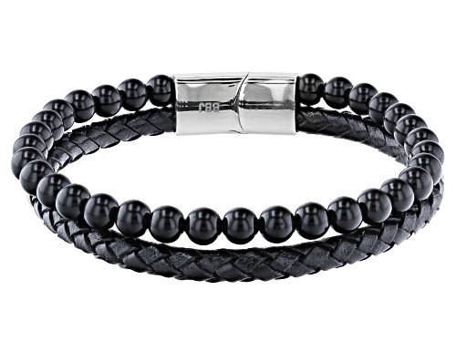 Photo of 6mm Round Black Onyx Bead with Genuine Leather Stainless Steel Bracelet - Size 8.5