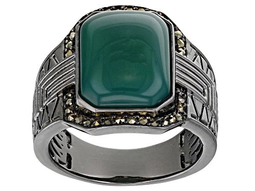 16x12mm Green Onyx With 1.25mm Marcasite Black Rhodium Over Brass Men's Ring - Size 11