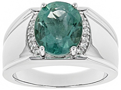 5.31ct Oval Teal Fluorite With 0.27ctw White Zircon Rhodium Over Sterling Silver Men's Ring - Size 11