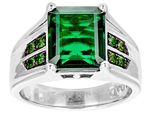 4.00ct Emerald Cut Lab Emerald With .27ctw Round Chrome Diopside Rhodium Over Silver Men's Ring. - Size 12