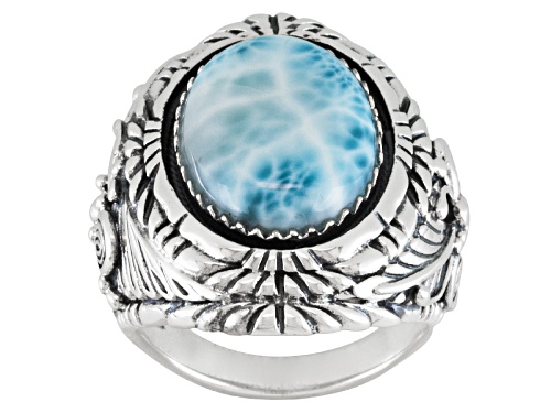 Oval Cabochon Larimar Sterling Silver Solitaire Mens Ring - Size 9
