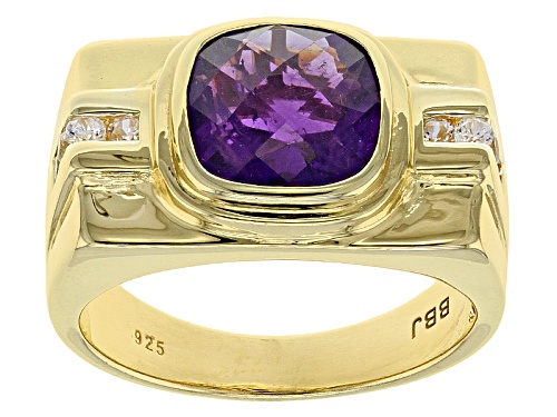 3.38CT AFRICAN AMETHYST WITH .42CTW WHITE ZIRCON 18K YELLOW GOLD OVER SILVER GENT'S RING - Size 12