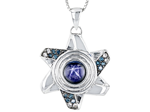 2.50ct Blue Star Sapphire, .30ctw Diamonds & White Zircon Rhodium Over Silver Men's Pendant/Chain