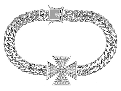 3.10ctw Round White Zircon Rhodium Over Sterling Silver Men's Cross Bracelet - Size 8.5