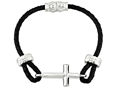 Braided Leather Strap Sterling Silver Cross Men's Bracelet - Size 8.5