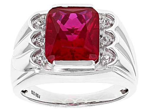5.06ct Rectangular Octagonal Lab Ruby With .21ctw Lab White Sapphire Rhodium Over Silver Men's Ring - Size 10
