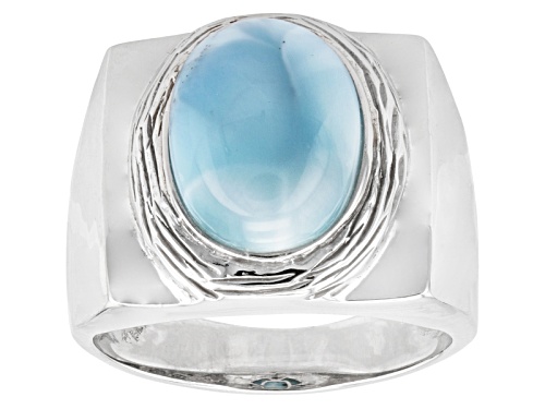 Photo of 14x10mm Oval Cabochon Larimar Rhodium Over Sterling Silver Men's Solitaire Ring - Size 10