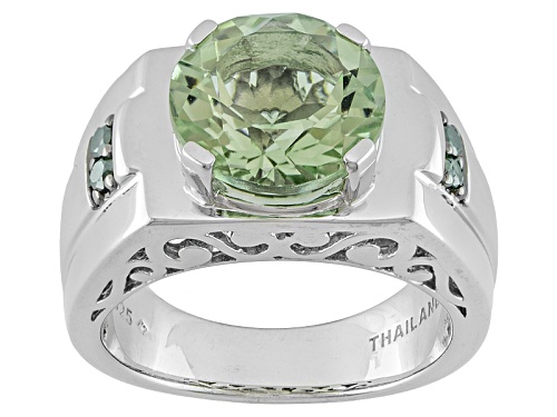 Photo of 3.88ct Round Green Prasiolite With .11ctw Round Green Diamond Rhodium Over Silver Men's Ring - Size 9