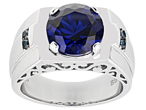 Photo of 4.50ct Lab Created Blue Spinel with .11ctw Blue Diamond Accent Rhodium Over Silver Men's Ring - Size 12