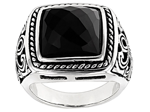 Photo of 12mm Square Cushion Checkerboard Cut Black Onyx Sterling Silver Mens Ring - Size 12