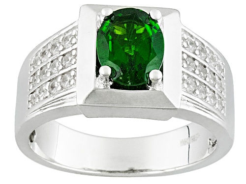 Photo of 1.62ct Oval Chrome Diopside With .62ctw Round White Zircon Rhodium Over Silver Men's Ring - Size 11