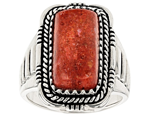 Photo of 20x10mm Rectangular Cushion Cabochon Sponge Coral Sterling Silver Men's Ring - Size 11