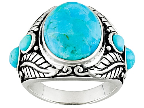 Photo of Oval And Round Cabochon Blue Turquoise Sterling Silver Mens Ring - Size 11