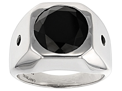 8.11ctw Round Black Spinel Rhodium Over Sterling Silver Men's Ring - Size 12