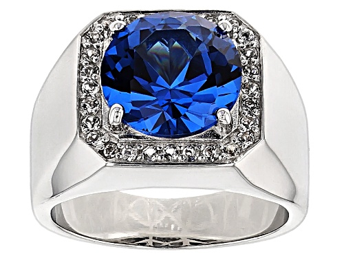 5.18ct Round Lab Created Blue Spinel And .45ctw Round White Topaz Rhodium Over Silver Men's Ring - Size 12