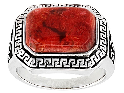 Photo of 14x10mm Rectangular Octagonal Red Coral Cabochon Rhodium Over Sterling Silver Men's Ring - Size 12