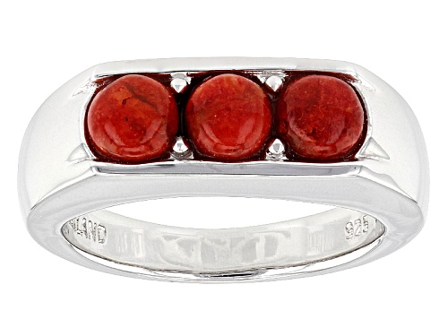 5mm Round Red Coral Rhodium Over Sterling Silver Men's 3-Stone Ring - Size 11