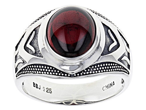 Photo of 12x10mm Oval Vermelho Garnet™ Cabochon Rhodium Over Sterling Silver Mens Ring - Size 10