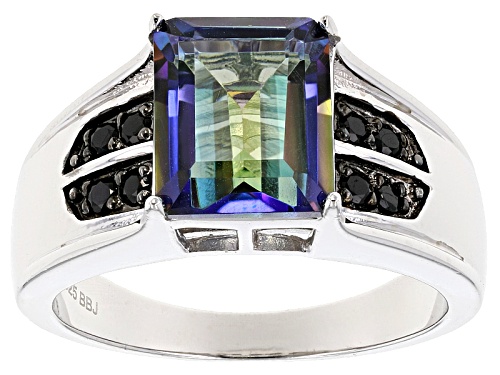 Photo of 3.66ct Emerald Cut Blue Quartz With .13ctw Round Black Spinel Rhodium Over Silver Gents Ring - Size 10