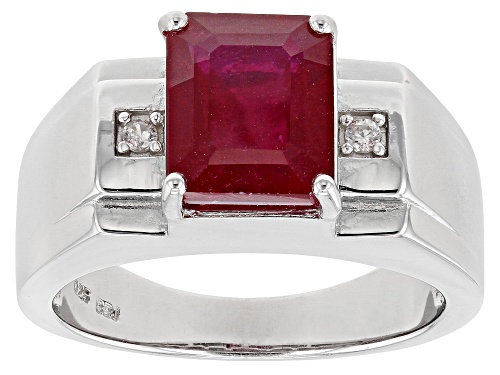 Photo of 4.08ct Emerald Cut Mahaleo® Ruby & 0.05ctw White Zircon Rhodium Over Sterling Silver Men's Ring - Size 10